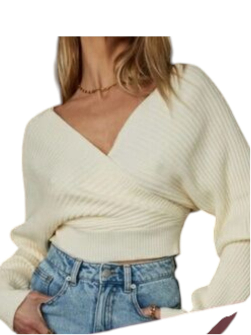 12th Tribe x Salty Blonde Cream Ribbed V-Neck Cross Front Sweater Small - Picture 2 of 12